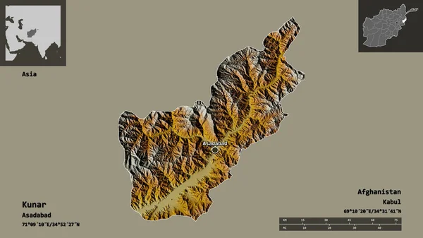 アフガニスタンの州 およびその首都の形 距離スケール プレビューおよびラベル 地形図 3Dレンダリング — ストック写真