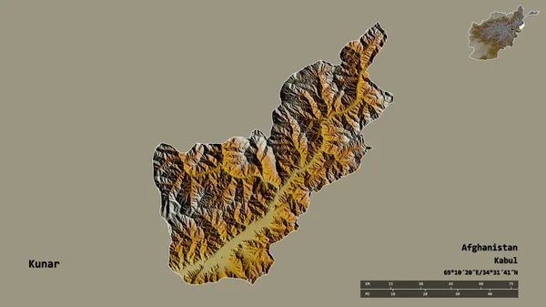 阿富汗库纳尔省的形状 其首都在坚实的背景下与世隔绝 距离尺度 区域预览和标签 地形浮雕图 3D渲染 — 图库照片