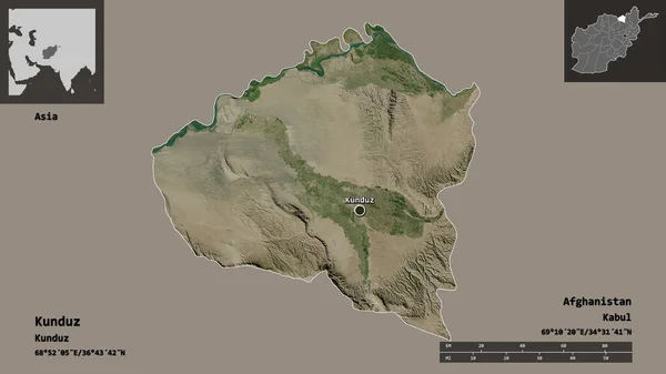 阿富汗的昆都士及其首都的形状 距离刻度 预览和标签 卫星图像 3D渲染 — 图库照片