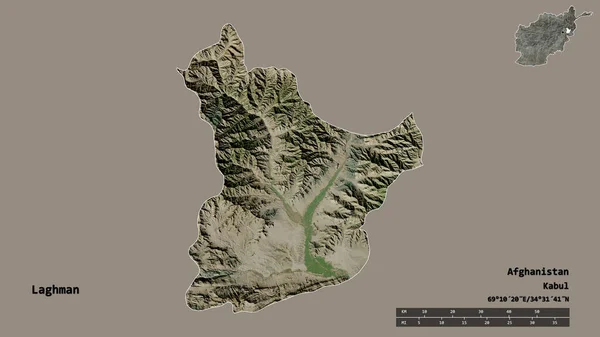アフガニスタンの州ラグマンの形で その首都はしっかりとした背景に隔離されています 距離スケール リージョンプレビュー およびラベル 衛星画像 3Dレンダリング — ストック写真