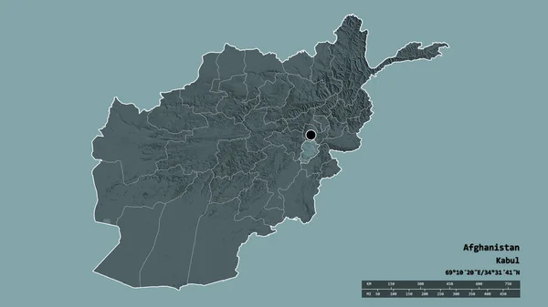 以首都 主要区域分部和分离的Logar地区为首都的阿富汗的绝望状态 彩色高程图 3D渲染 — 图库照片