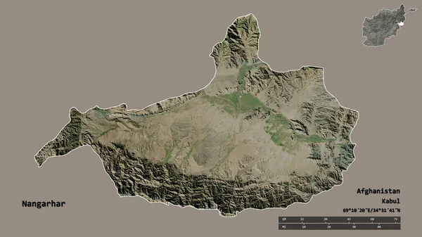 アフガニスタンの州であるナンガハールの形で その首都はしっかりとした背景に隔離されています 距離スケール リージョンプレビュー およびラベル 衛星画像 3Dレンダリング — ストック写真