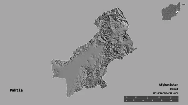 阿富汗省帕克蒂亚的形状 其首都在坚实的背景下与世隔绝 距离尺度 区域预览和标签 Bilevel高程图 3D渲染 — 图库照片