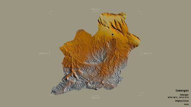 Samangan bölgesi, Afganistan vilayeti, jeoreferatlı bir sınır kutusunda sağlam bir arka planda izole edilmiş. Etiketler. Topografik yardım haritası. 3B görüntüleme