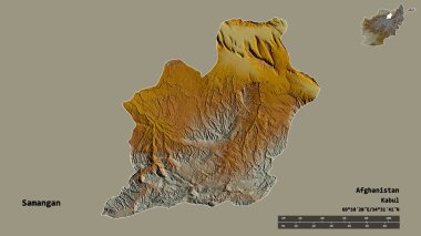 Samangan 'ın şekli, Afganistan vilayeti, sermayesi sağlam arka planda izole edilmiş. Uzaklık ölçeği, bölge önizlemesi ve etiketleri. Topografik yardım haritası. 3B görüntüleme