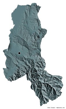 Afganistan 'ın Takhar eyaleti, başkenti beyaz arka planda izole edilmiş. Renkli yükseklik haritası. 3B görüntüleme