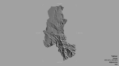 Takhar bölgesi, Afganistan vilayeti, jeoreferatlı bir sınır kutusunda sağlam bir arka planda izole edilmiş. Etiketler. Çift seviyeli yükseklik haritası. 3B görüntüleme