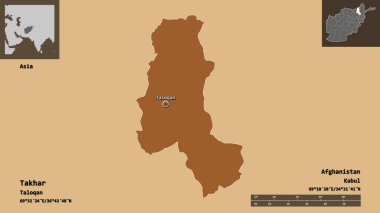 Takhar 'ın şekli, Afganistan vilayeti ve başkenti. Uzaklık ölçeği, ön gösterimler ve etiketler. Desenli dokuların bileşimi. 3B görüntüleme