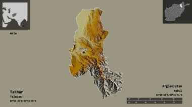 Takhar 'ın şekli, Afganistan vilayeti ve başkenti. Uzaklık ölçeği, ön gösterimler ve etiketler. Topografik yardım haritası. 3B görüntüleme