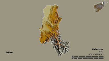 Afganistan 'ın Takhar eyaleti, başkenti sağlam arka planda izole edilmiş. Uzaklık ölçeği, bölge önizlemesi ve etiketleri. Topografik yardım haritası. 3B görüntüleme