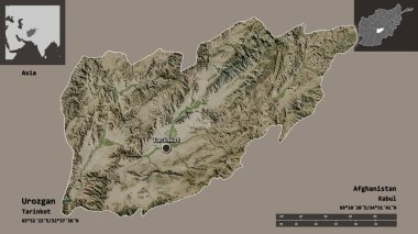 Urozgan 'ın şekli, Afganistan vilayeti ve başkenti. Uzaklık ölçeği, ön gösterimler ve etiketler. Uydu görüntüleri. 3B görüntüleme