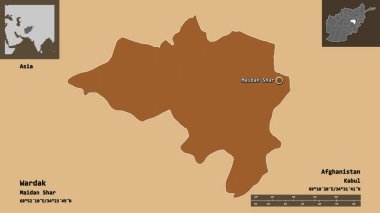 Wardak 'ın şekli, Afganistan vilayeti ve başkenti. Uzaklık ölçeği, ön gösterimler ve etiketler. Desenli dokuların bileşimi. 3B görüntüleme