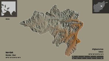 Wardak 'ın şekli, Afganistan vilayeti ve başkenti. Uzaklık ölçeği, ön gösterimler ve etiketler. Topografik yardım haritası. 3B görüntüleme