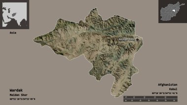 Wardak 'ın şekli, Afganistan vilayeti ve başkenti. Uzaklık ölçeği, ön gösterimler ve etiketler. Uydu görüntüleri. 3B görüntüleme
