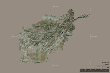 Afganistan 'da katı bir arka planda izole edilmiş jeoreferatlı bir sınır kutusu var. Ana bölgesel bölüm, mesafe ölçeği, etiketler. Uydu görüntüleri. 3B görüntüleme