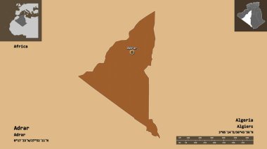 Cezayir, Adrar ve başkenti şeklindedir. Uzaklık ölçeği, ön gösterimler ve etiketler. Desenli dokuların bileşimi. 3B görüntüleme