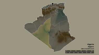 Cezayir 'in, başkenti, ana bölgesel bölümü ve ayrılmış Adrar bölgesi ile dejenere edilmiş şekli. Etiketler. Topografik yardım haritası. 3B görüntüleme