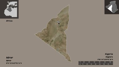 Cezayir, Adrar ve başkenti şeklindedir. Uzaklık ölçeği, ön gösterimler ve etiketler. Uydu görüntüleri. 3B görüntüleme