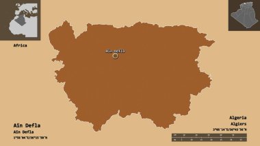 Ain Defla 'nın şekli, Cezayir vilayeti ve başkenti. Uzaklık ölçeği, ön gösterimler ve etiketler. Desenli dokuların bileşimi. 3B görüntüleme