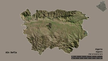 Ain Defla, Cezayir eyaleti, başkenti sağlam bir zemin üzerinde izole edilmiştir. Uzaklık ölçeği, bölge önizlemesi ve etiketleri. Uydu görüntüleri. 3B görüntüleme
