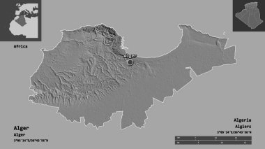 Cezayir eyaleti, Cezayir eyaleti ve başkenti. Uzaklık ölçeği, ön gösterimler ve etiketler. Çift seviyeli yükseklik haritası. 3B görüntüleme