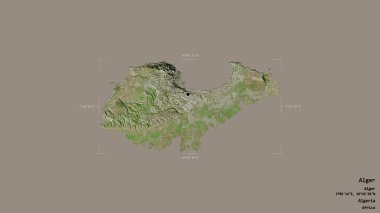 Cezayir Bölgesi, Cezayir Bölgesi, katı bir arka planda izole edilmiş bir sınır kutusunda. Etiketler. Uydu görüntüleri. 3B görüntüleme