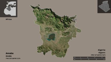 Annaba 'nın şekli, Cezayir vilayeti ve başkenti. Uzaklık ölçeği, ön gösterimler ve etiketler. Uydu görüntüleri. 3B görüntüleme