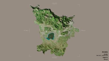 Annaba bölgesi, Cezayir vilayeti, sağlam bir arka planda izole edilmiş bir sınır kutusunda. Etiketler. Uydu görüntüleri. 3B görüntüleme