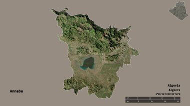 Cezayir 'in Annaba eyaleti, başkenti sağlam bir zemin üzerinde izole edilmiştir. Uzaklık ölçeği, bölge önizlemesi ve etiketleri. Uydu görüntüleri. 3B görüntüleme