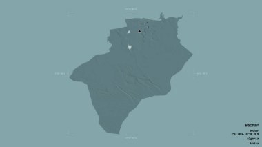 Bechar bölgesi, Cezayir eyaleti, katı bir arka planda izole edilmiş bir sınır kutusunda. Etiketler. Renkli yükseklik haritası. 3B görüntüleme