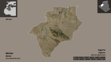 Cezayir eyaleti ve başkenti Bechar 'ın şeklidir. Uzaklık ölçeği, ön gösterimler ve etiketler. Uydu görüntüleri. 3B görüntüleme