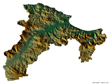 Cezayir 'in Bejaia eyaleti, başkenti beyaz arka planda izole edilmiştir. Topografik yardım haritası. 3B görüntüleme