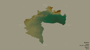Biskra bölgesi, Cezayir vilayeti, jeoreferatlı bir sınır kutusunda sağlam bir arka planda izole edilmiş. Etiketler. Topografik yardım haritası. 3B görüntüleme