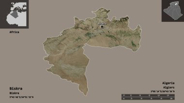 Biskra 'nın şekli, Cezayir vilayeti ve başkenti. Uzaklık ölçeği, ön gösterimler ve etiketler. Uydu görüntüleri. 3B görüntüleme