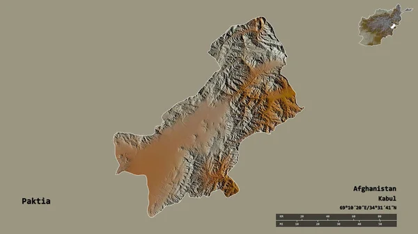 阿富汗省帕克蒂亚的形状 其首都在坚实的背景下与世隔绝 距离尺度 区域预览和标签 地形浮雕图 3D渲染 — 图库照片