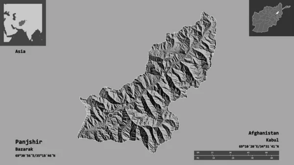 パンジシールの形 アフガニスタンの州 およびその首都 距離スケール プレビューおよびラベル 標高マップ 3Dレンダリング — ストック写真