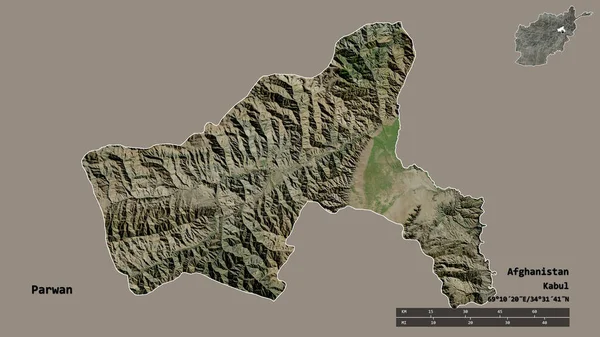 阿富汗省帕尔万的形状 其首都在坚实的背景下与世隔绝 距离尺度 区域预览和标签 卫星图像 3D渲染 — 图库照片