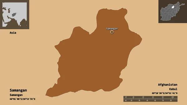 阿富汗省萨曼甘的形状及其首都 距离刻度 预览和标签 图形纹理的组成 3D渲染 — 图库照片