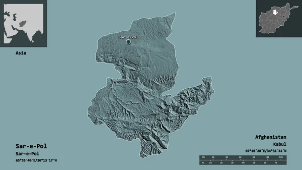 阿富汗省Sar Pol的形状及其首都 距离刻度 预览和标签 彩色高程图 3D渲染 — 图库照片