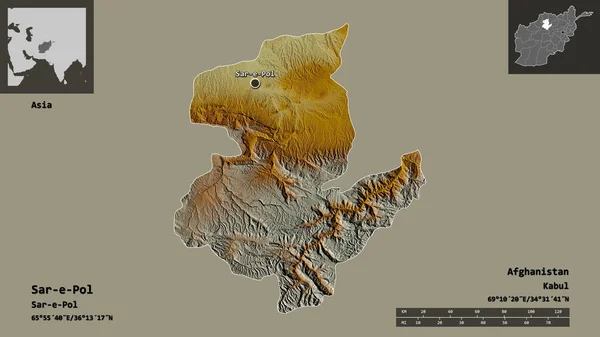 阿富汗省Sar Pol的形状及其首都 距离刻度 预览和标签 地形浮雕图 3D渲染 — 图库照片