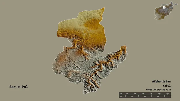 阿富汗省Sar Pol的形状 其首都在坚实的背景下与世隔绝 距离尺度 区域预览和标签 地形浮雕图 3D渲染 — 图库照片