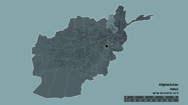 アフガニスタンの首都 主な地域部門と分離されたTakhar地域での荒廃した形 ラベル 色の標高マップ 3Dレンダリング — ストック写真