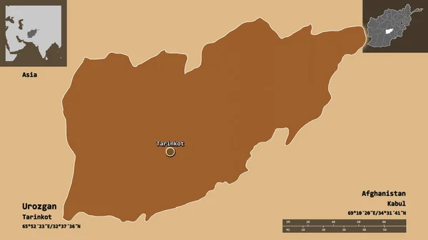 阿富汗省乌罗兹甘的形状及其首都 距离刻度 预览和标签 图形纹理的组成 3D渲染 — 图库照片