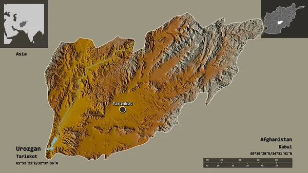 阿富汗省乌罗兹甘的形状及其首都 距离刻度 预览和标签 地形浮雕图 3D渲染 — 图库照片