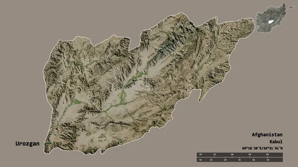 アフガニスタンの州であるウロズガンの形は その資本がしっかりとした背景に隔離されています 距離スケール リージョンプレビュー およびラベル 衛星画像 3Dレンダリング — ストック写真