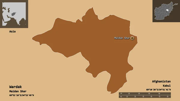 アフガニスタン共和国のワダック州とその首都の形 距離スケール プレビューおよびラベル パターン化されたテクスチャの構成 3Dレンダリング — ストック写真