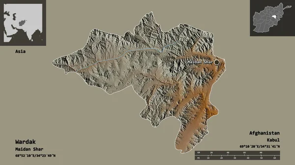 阿富汗省瓦尔达克省的形状及其首府 距离刻度 预览和标签 地形浮雕图 3D渲染 — 图库照片
