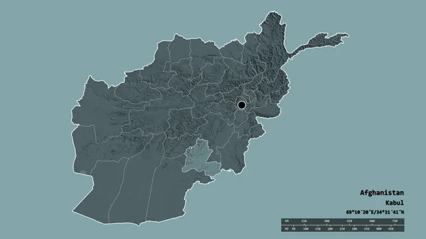 以首都 主要区域分部和分离的Zabul地区为首都的阿富汗的绝望状态 彩色高程图 3D渲染 — 图库照片