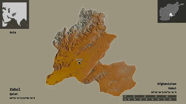 阿富汗Zabul省的形状及其首都 距离刻度 预览和标签 地形浮雕图 3D渲染 — 图库照片