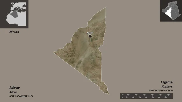 阿尔及利亚省Adrar的形状及其首都 距离刻度 预览和标签 卫星图像 3D渲染 — 图库照片